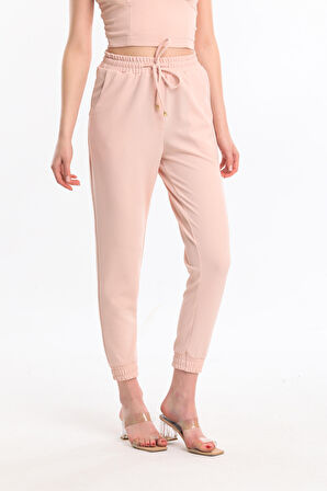 Beli Ve Paçası Lastikli Cepli  Scuba Krep Pantolon Pnt33884 Pudra