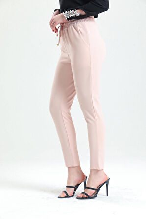 Beli Lastikli Cepli Bağuclu Scuba Krep Pantolon | Pnt33885 Pudra