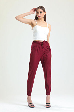 Beli Ve Paçaları Lastikli Süet Pantolon | PNT33895 Bordo