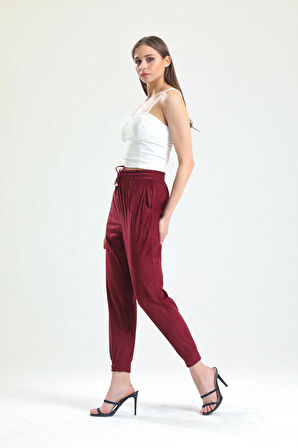 Beli Ve Paçaları Lastikli Süet Pantolon | PNT33895 Bordo