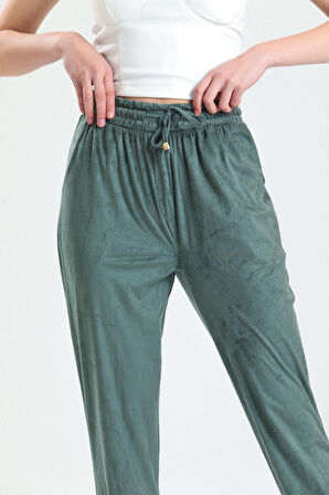 Beli Ve Paçaları Lastikli Süet Pantolon | PNT33895 Yesıl