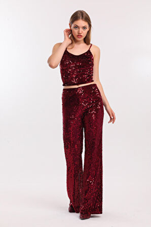 Lastikli Geniş Paça Payetli Abiye Pantolon | Pnt33970 Bordo