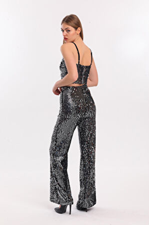 Lastikli Geniş Paça Payetli Abiye Pantolon | Pnt33970 Siyah Gümüş