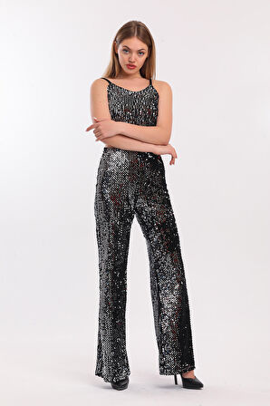 Lastikli Geniş Paça Payetli Abiye Pantolon | Pnt33970 Siyah Gümüş