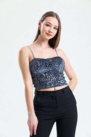 Fermuarlı Payetli Kadife Bustiyer | Bus34034 Koyu Grı