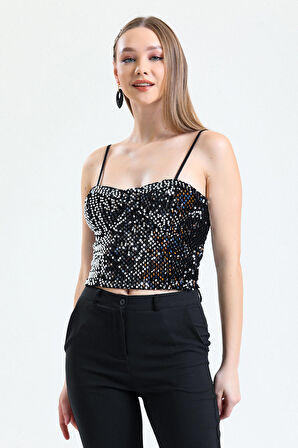 Fermuarlı Payetli Kadife Bustiyer | Bus34034 Siyah Gümüş