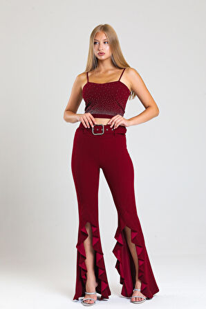 Kemerli Yandan Volanlu Scuba Krep Pantolon_PNT33381 Bordo