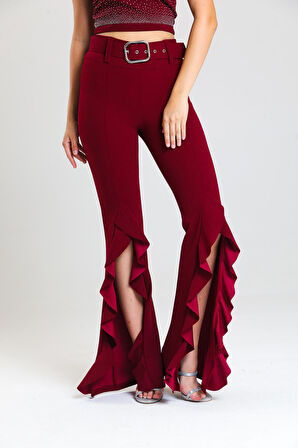 Kemerli Yandan Volanlu Scuba Krep Pantolon_PNT33381 Bordo