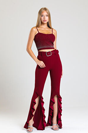 Kemerli Yandan Volanlu Scuba Krep Pantolon_PNT33381 Bordo