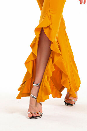 Kemerli Yandan Volanlu Scuba Krep Pantolon_PNT33381 Safran