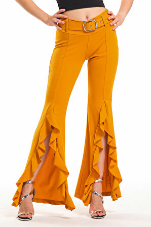 Kemerli Yandan Volanlu Scuba Krep Pantolon_PNT33381 Safran