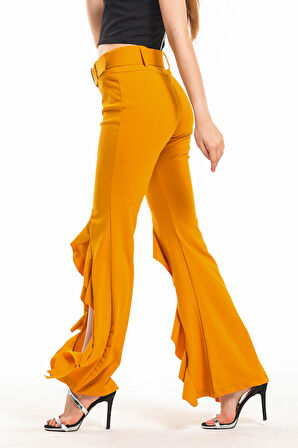 Kemerli Yandan Volanlu Scuba Krep Pantolon_PNT33381 Safran