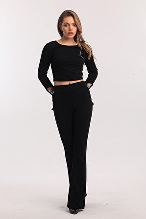 Halka Zincirli İspanyol Paça Scuba Krep Pantolon | Pnt33933 Siyah