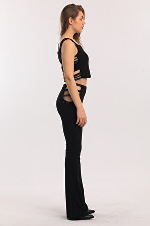 Yanları Pencereli Zincirli Detaylı Scuba Krep Pantolon | Pnt33875 Siyah