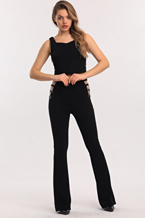 Yanları Pencereli Zincirli Detaylı Scuba Krep Pantolon | Pnt33875 Siyah