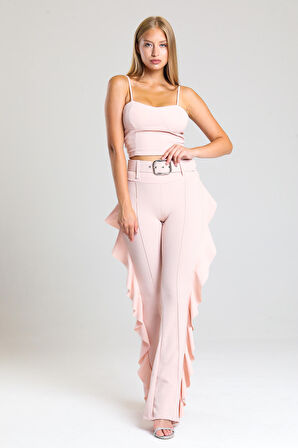 Sarı Toka Kemerli Yandan Volanlu Scuba Krep Pantolon_Pnt32717 Pudra