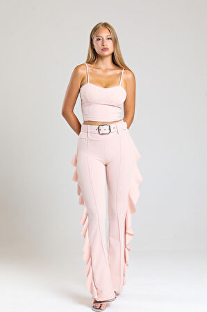 Sarı Toka Kemerli Yandan Volanlu Scuba Krep Pantolon_Pnt32717 Pudra