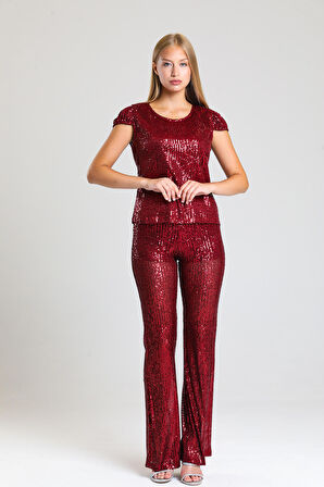 Astarlı Gizli Fermuarlı Zara Payet Pantolon | Pnt32488 Bordo