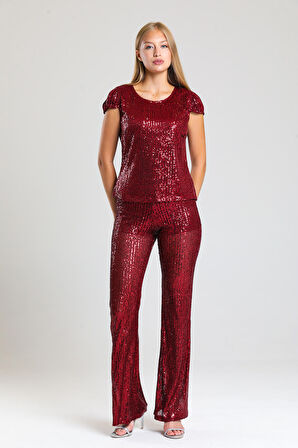 Astarlı Gizli Fermuarlı Zara Payet Pantolon | Pnt32488 Bordo