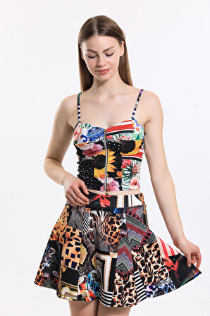 Dijital Baskılı Gloplu Bustiyer | BUS33506 Ekru Dijital Baskılı