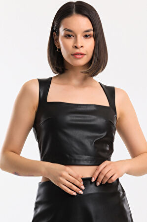 Kare Yaka Arkası Fermuarlı Astarlı Deri Bustiyer | Bus34184 Siyah