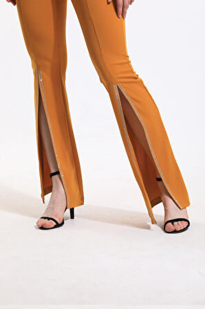 Beli Kemerli  Paçaları Taşlı Scuba Krep Abiye Pantolon | Pnt34185 Safran