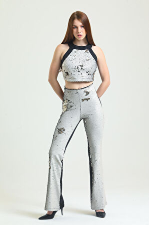 Abiye Payet Pantolon | PNT34174 Bej Gümüş