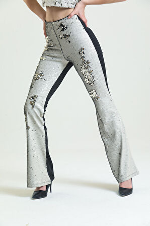 Abiye Payet Pantolon | PNT34174 Bej Gümüş