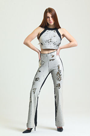 Abiye Payet Pantolon | PNT34174 Bej Gümüş