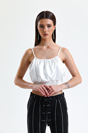 Gipeli Baskılı  Saten Bluz | Blz34223 Beyaz