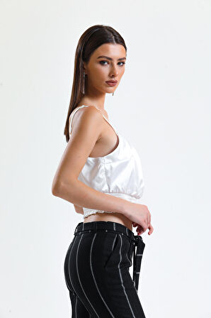 Gipeli Baskılı  Saten Bluz | Blz34223 Beyaz