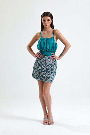 Gipeli Baskılı  Saten Bluz | Blz34223 Yesıl