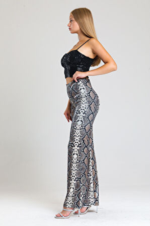 Sense Geniş Paçalı Payet Pantolon | Pnt32440 BEJ SİYAH YILAN DES.