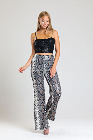 Sense Geniş Paçalı Payet Pantolon | Pnt32440 BEJ SİYAH YILAN DES.