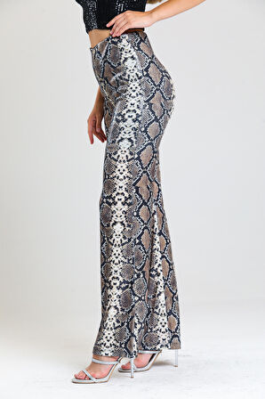 Sense Geniş Paçalı Payet Pantolon | Pnt32440 BEJ SİYAH YILAN DES.