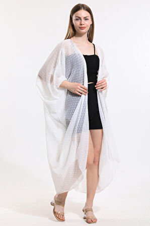 Şifon Plaj Kimono | ELB33597 Noktalı Beyaz