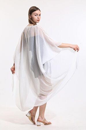 Şifon Plaj Kimono | ELB33597 Noktalı Beyaz