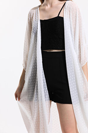 Şifon Plaj Kimono | ELB33597 Noktalı Beyaz