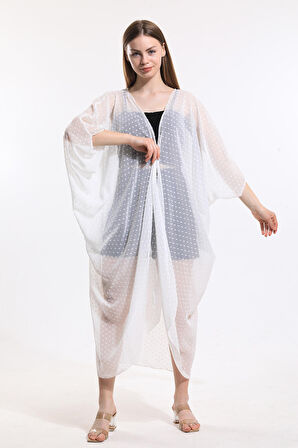 Şifon Plaj Kimono | ELB33597 Noktalı Beyaz