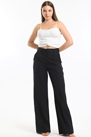 Süs Dikişli Hürrem Kumaş  Bol Paça Pantolon | Pnt34239 Siyah