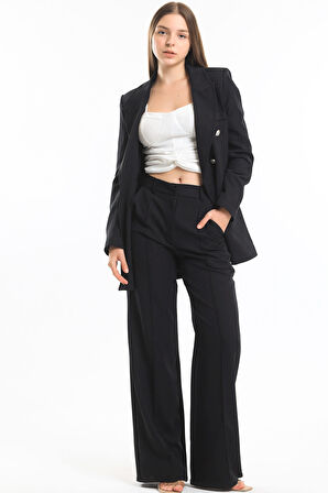 Süs Dikişli Hürrem Kumaş  Bol Paça Pantolon | Pnt34239 Siyah