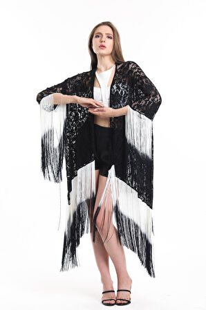 Püsküllü Kısa Dantel Kimono | Kmno 34270 EKRU SİYAH PÜSKÜLLÜ