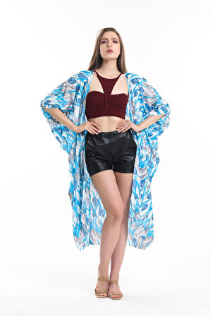 Şifon Plaj Kimono | ELB33597 LALE DES.MAVİ