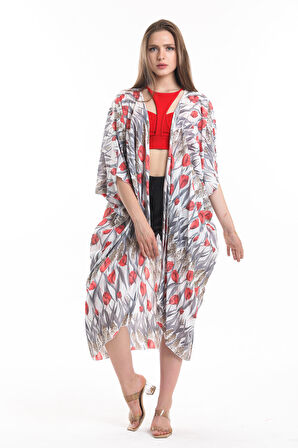 Şifon Plaj Kimono | ELB33597 LALE DES.GRİ