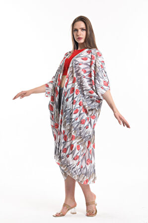 Şifon Plaj Kimono | ELB33597 LALE DES.GRİ