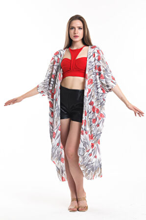 Şifon Plaj Kimono | ELB33597 LALE DES.GRİ