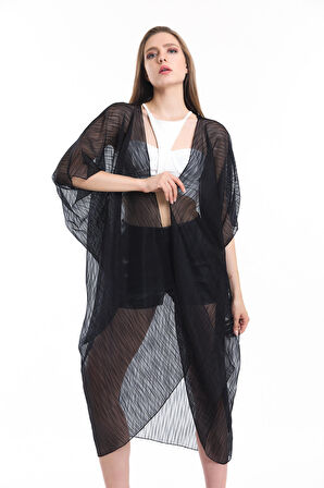 Şifon Plaj Kimono | ELB33597 SİYAH KIRİNKIL