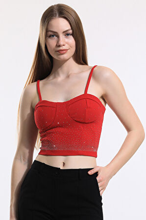 Taş Detaylı Scuba Krep Abiye Büstiyer Bus33438Ts Kırmızı