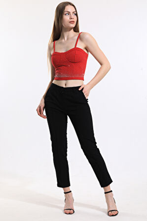 Taş Detaylı Scuba Krep Abiye Büstiyer Bus33438Ts Kırmızı