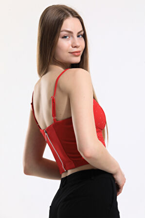 Taş Detaylı Scuba Krep Abiye Büstiyer Bus33438Ts Kırmızı